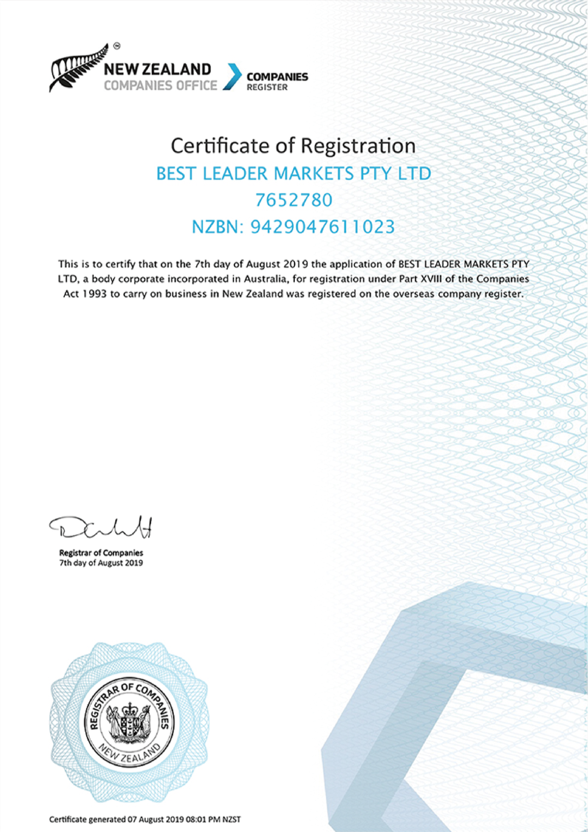 Regulatory Certificate 1